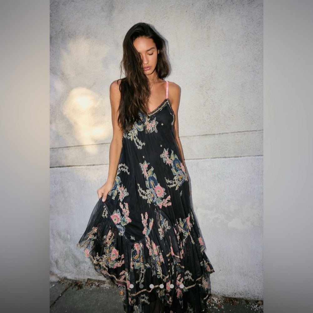 Free People Moonlit Glow Maxi Dress Beaded Floral Metallic Embellished XS‎ FLAW